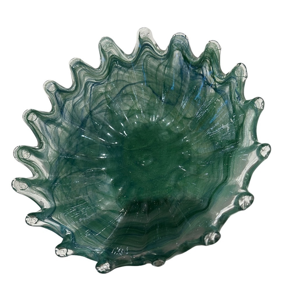 Murano inspired sea glass teal blue green colorful ruffle scalloped edge bowl